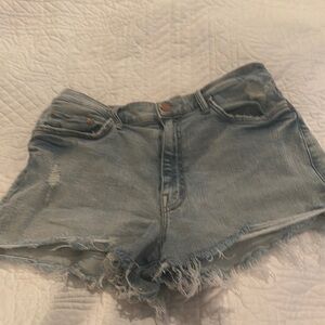 MOTHER Blue High-Waisted Jean Shorts Frayed Hem